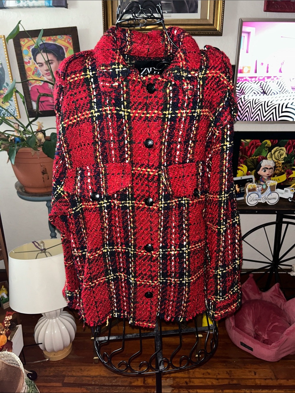Zara Red Black & Yellow Plaid Bouclé Blazer